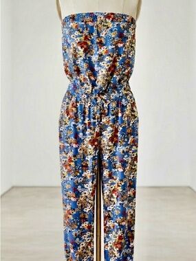 Sunday Best| Aritzia| Blue,Yellow.Orange Floral Strapless Cuffed Jumpsuit Sz XXS